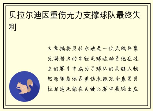 贝拉尔迪因重伤无力支撑球队最终失利