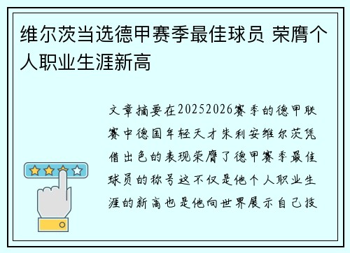 维尔茨当选德甲赛季最佳球员 荣膺个人职业生涯新高