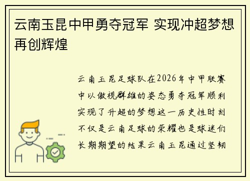 云南玉昆中甲勇夺冠军 实现冲超梦想再创辉煌