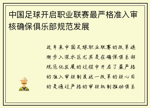 中国足球开启职业联赛最严格准入审核确保俱乐部规范发展 中国足球开启职业联赛最严格准入审核确保俱乐部规范发展