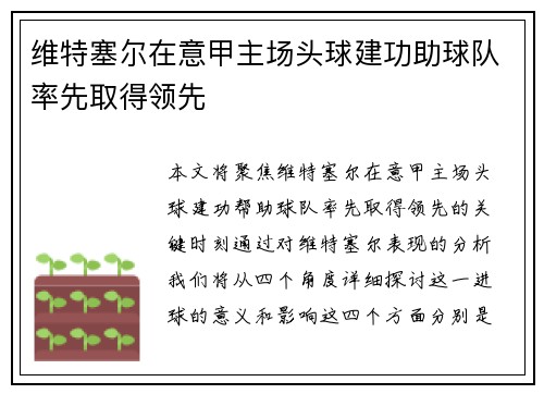 维特塞尔在意甲主场头球建功助球队率先取得领先 维特塞尔在意甲主场头球建功助球队率先取得领先